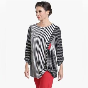 IC Collection Mixed Stripe Twist Tunic Top Asymmetrical Artsy USA Made Pocket M